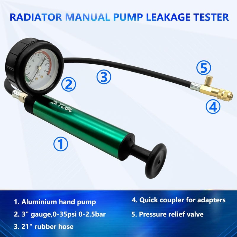 ZKTOOL Aluminum Automotive Cooling System Radiator Pressure Tester Tool,Pressure Test Pump with Pressure Gauge, Aluminum Hand Pump.Compatible with adapters for Various car Models. - Image 5